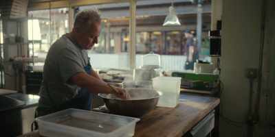 I remember my elbows deep
in boiling hot water, - Chef's Table: Pizza