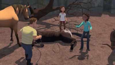 I'll tie the rope to Chica Linda's saddle.
She'll help him with the climb. - Spirit: Riding Free