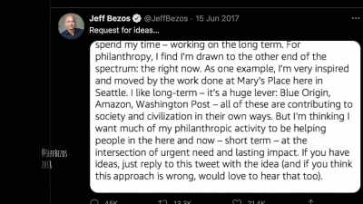 I'm thinking about a
philanthropy strategy - Tech Billionaires: Jeff Bezos