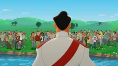 -[inhales sharply]
-[crowd laughing] - Curious George: Royal Monkey