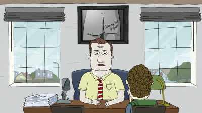 It says,
"Kiss my butt, I quit." - Ten Year Old Tom