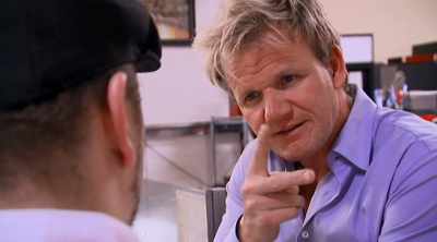 IT'S CUT THE  END OFF,
SQUEEZE IT INTO THE CONTAINER, - Kitchen Nightmares