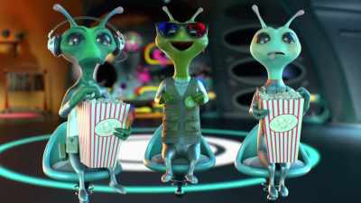 - [Ixbee] Whoa!!
- [startled shrieking] - Alien TV