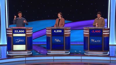 - James, you got it again.
- [groans] - Jeopardy! Masters