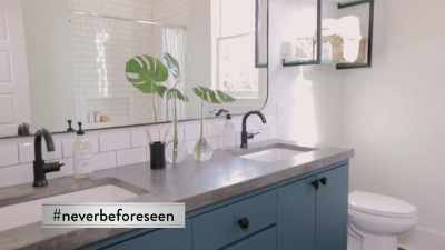 JOANNA: Custom vanity, we did
the black floors in here - Fixer Upper: Behind the Design