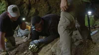 ‐ John Casey and his team
are back at a cave - Lost Gold of World War II