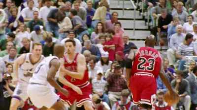 Jordan guarded by Russell. - The Last Dance