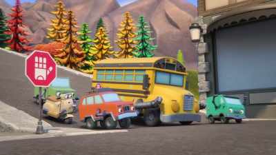 -[kids gasp]
-[brakes squeal] - Mighty Monsterwheelies