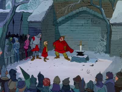 All right boy let's have the miracleNow wait a minuteAnyone can pull it once it's been pulledGo to it Kay Give it all you've gotPut your back into itGet out Push him asideHold on That's not fair I say we let the boy try itThat's what I say Give the boy a - The Sword in the Stone