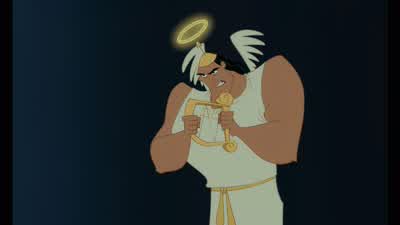 Listen up big guyI got three good reasons why you should just walk awayNumber one Look at that guyHe's got that sissy stringy music thingWe've been through this It's a harp and you know itRight That's a harpAnd that's a dressRobeReason number 2Look what I - The Emperor's New Groove