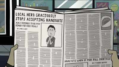 - "Local hero graciously stops
accepting handouts, - Ten Year Old Tom