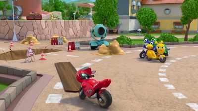 - Look! We're going to ride over
on that wooden plank. - Ricky Zoom