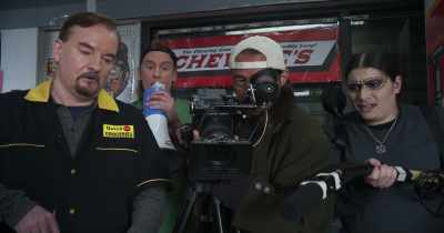 - [loudspeaker
beeps] - And... action. - Clerks III
