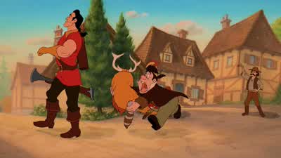 Hello BelleBonjour GastonGaston may I have my book pleaseHow can you read thisThere's no picturesWell some people use their imaginationBelle it's about time you got your headout of those booksand paid attention to more important thingslike meThe whole - Beauty and the Beast