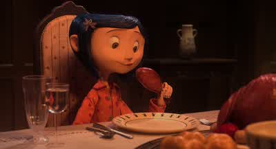- Mmm. This chicken is good! - Hungry, aren't you? - Do you have any gravy? - Well, here comes the g - Coraline