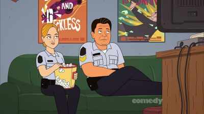 [movie soundtrack playing]
[man crying out] - Corner Gas Animated