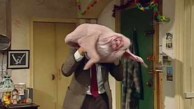 'Mr Bean walking around
with a turkey on his head - Happy Birthday Mr Bean