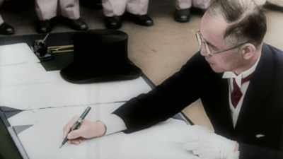Narrator: FOREIGN MINISTER
MAMORU SHIGEMITSU SIGNS, - America in Color