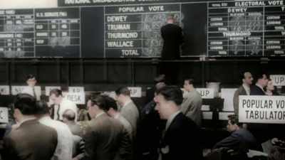 Narrator: THE FINAL TALLY SHOCKS
EVERYONE EXCEPT TRUMAN. - America in Color