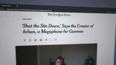 NEWSCASTER:
Web security company Cloudflare
pulled its services from 8chan, - Q: Into the Storm