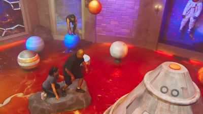 Nick, about to step
on the platform Kay thinks is stable. - Floor Is Lava