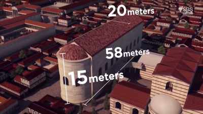 Nine large windows
in the side walls lit the hall. - Roman Megastructures