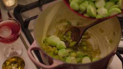Now I add the sprouts,
which I've halved, - Nigella: At My Table