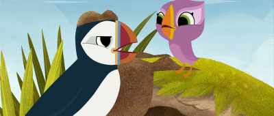 -Oh! Sorry.
-♪ In this new place ♪ - Puffin Rock and the New Friends
