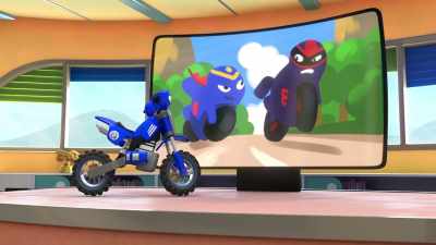 - Okay.
So Steel revs his engine... - Ricky Zoom