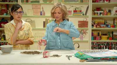 Okay, we're gonna lay this out,
sticky side up. - At Home with Amy Sedaris