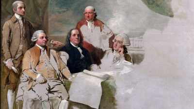 On Franklin's right sits
John Adams, already worried - Benjamin Franklin