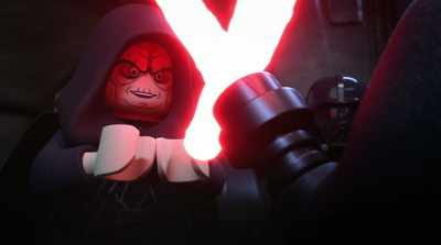 Ooh! (CHUCKLES)
Crackly crossguards. May I? - LEGO Star Wars Holiday Special