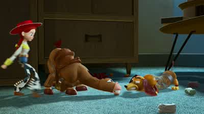 Leave him alone springy dog HeyGrab Woody and let's go Fellas hold it Buzz put me down - Toy Story 2