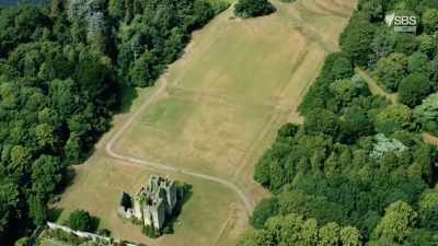 Pathways, steps and a mysterious
circular feature set at one end. - Scotland from the Sky