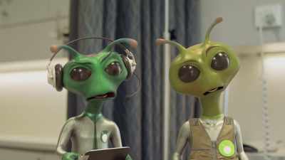[puzzled babbling] - Alien TV