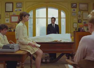 -Reading birthday telegrams.
-(LIGHTER CLICKS) - The French Dispatch