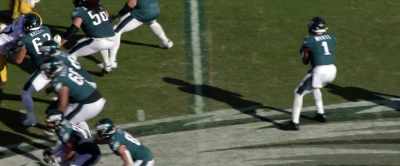 [Reese] Hurts, he's looking. He is
going deep. - Kelce