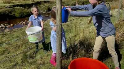 Right, pass it here. You pass the
bucket over here and I'll tip in. - Our Yorkshire Farm