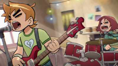 - [rock music playing]
- ♪ Hey, hey ♪ - Scott Pilgrim Takes Off