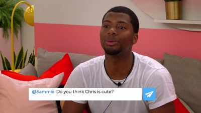 "@Sammie.
Do you think Chris is cute?" Send. - The Circle