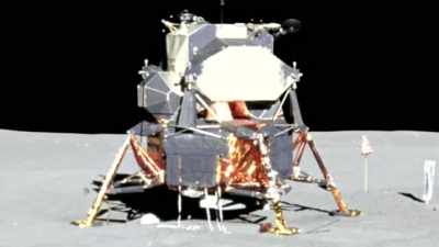 Seen from a distance,
LEM looks like a technological marvel. - American Moon