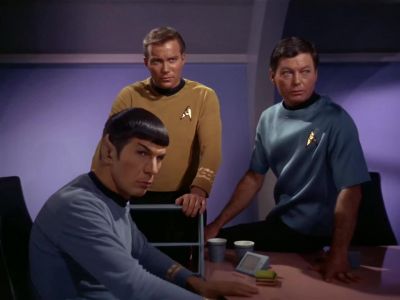 - [ Ship's Whistle ]
- Dr. McCoy to the bridge. - Star Trek