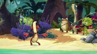 (singing)
♪ The rock is gone! Woohoo! Woohoo! ♪ - Gigantosaurus