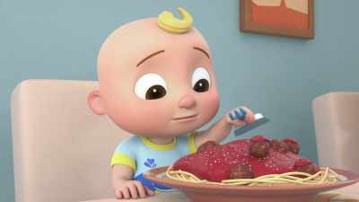 [singing]
♪ The spaghetti doesn't like my fork ♪ - CoComelon Lane