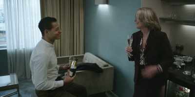 (SMACKS LIPS, LAUGHS)
Yes. I'll drink to that. - Good Luck to You, Leo Grande