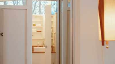 Small bathroom with
these geometric windows, - The Cabin Chronicles