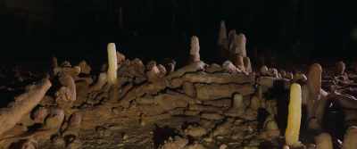 Small elements to wedge
the large stalagmites. - Secrets of the Neanderthals