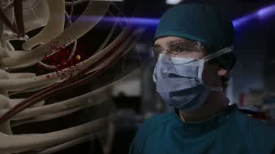 Stop! Open her between the second and third rib on the left side. The bullet nicked the left supreme - The Good Doctor