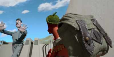 -[suspenseful music continues]
-[guard gibbering] - Chicken Run: Dawn of the Nugget