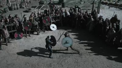 (swords clank, grunts of effort) - Vikings